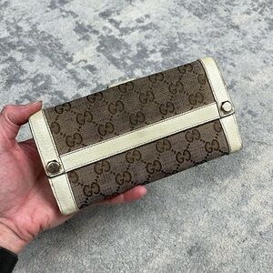 Gucci Monogram GG Logo Canvas Long Continental Wallet White Leather Trim Bolt